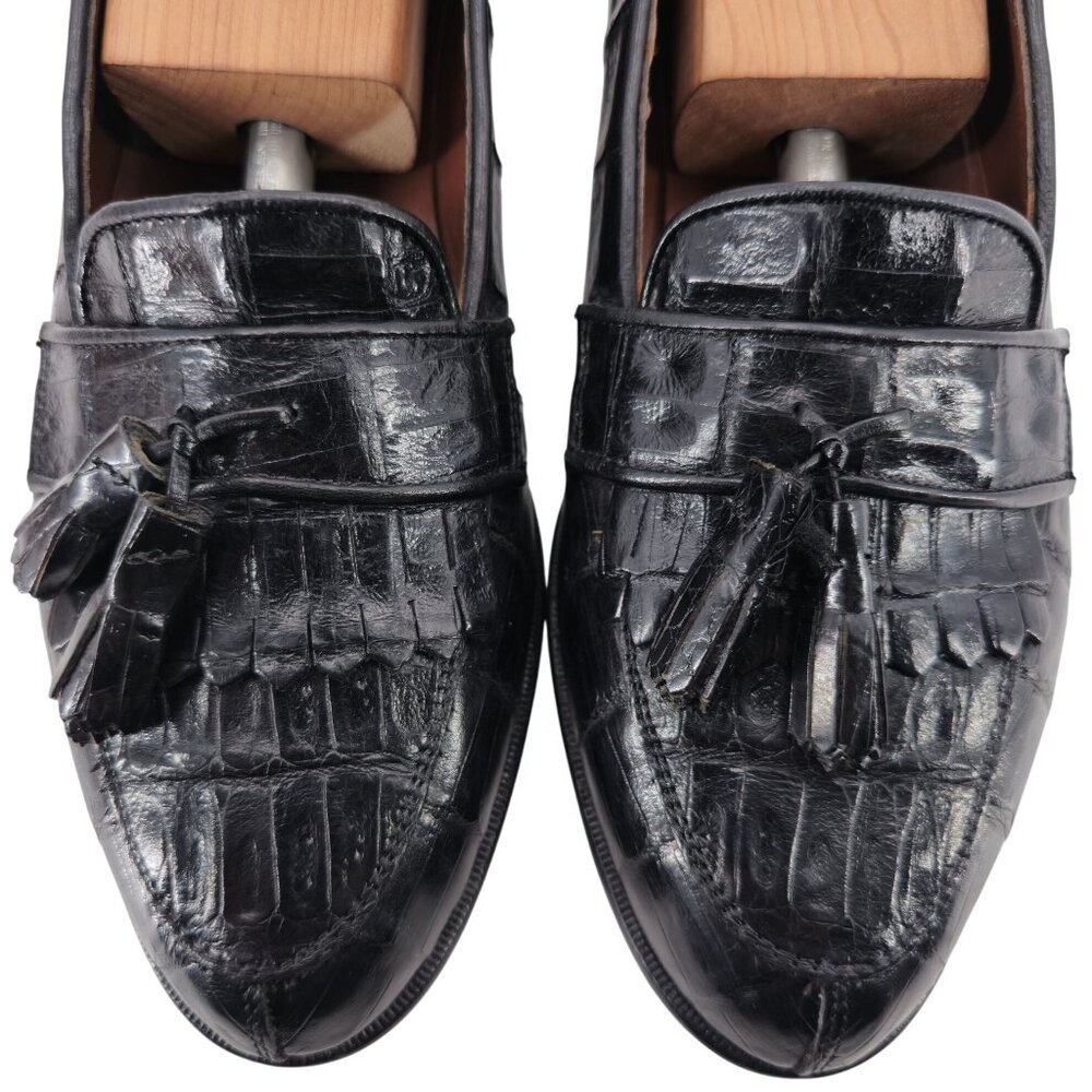 Vintage Belvedere Exotic Full Crocodile Black Dress Shoes Men 8.5 Tassel Loafer